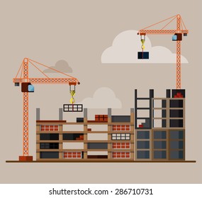 Construction. Process, tools, and materials: building, crane, excavator, bulldozer, tractor, sand, stone, cement. Vector flat illustration