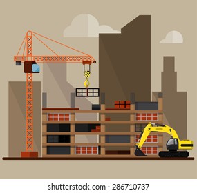 Construction. Process, tools, and materials: building, crane, excavator, bulldozer, tractor, sand, stone, cement. Vector flat illustration