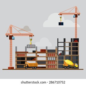 Construction. Process, tools, and materials: building, crane, excavator, bulldozer, tractor, sand, stone, cement. Vector flat illustration