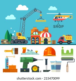 Construction. Process, tools, and materials. Vector flat icon set and illustration: building a house, crane, truck, helicopter, bricks, stone, sand, paint, brush, roller, drill, helmet, hammer, plane