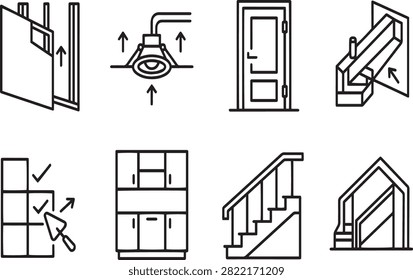 Construction processes and building installation icon set with construction installation building lighting cabinets engineering renovation improvement assembly carpentry structural interior