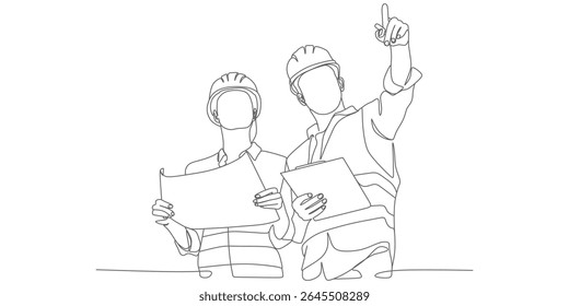 Construction Professionals Analyzing Blueprint – Minimalist Continuous‑Line Engineering Illustration