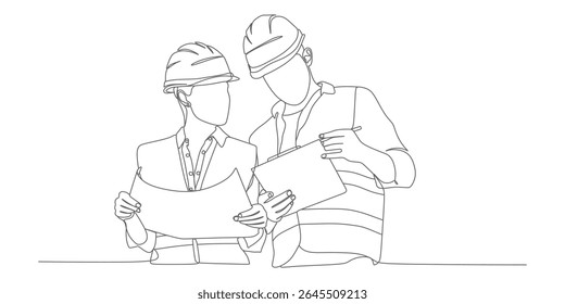 Construction Professionals Reviewing Plans – Minimalist Continuous‑Line Engineering Illustration