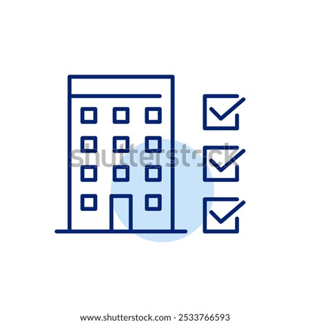 Construction progress. Completed tasks on a high-rise apartment building project checklist. Property inspection. Pixel perfect vector icon