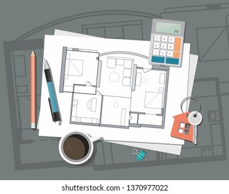 Construction project architect house plan with tools. Key with symbol of house. Construction background.  Vector Illustration