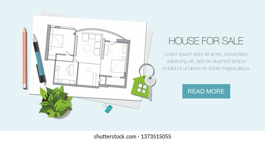 Construction project architect house plan with tools. Key with symbol of house. Construction background.  Web banner