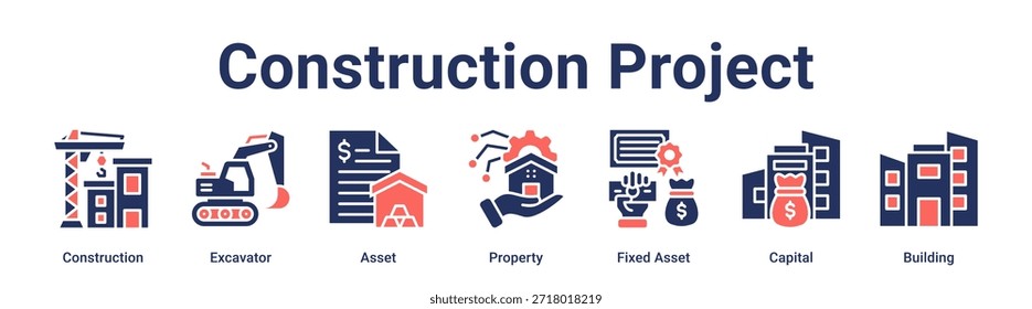 Projeto de construção banner web icon vetor ilustração conceito para negócios com ícone de construção, escavadora, ativo, propriedade, ativo fixo, capital.