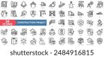 Construction project icon collection set. Containing design, blueprint, foundation, framework, excavation, concrete, architect, steel icon. Simple line vector.