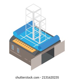 Construction Project Icon Isometric Vector. Graphic Wireframe Of Future Building. Construction Drawing, Virtual Building Design Technology, Engineering