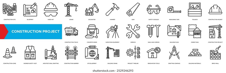 construction project icon. Construction Site, Blueprint, Hard Hat, Crane, Excavator