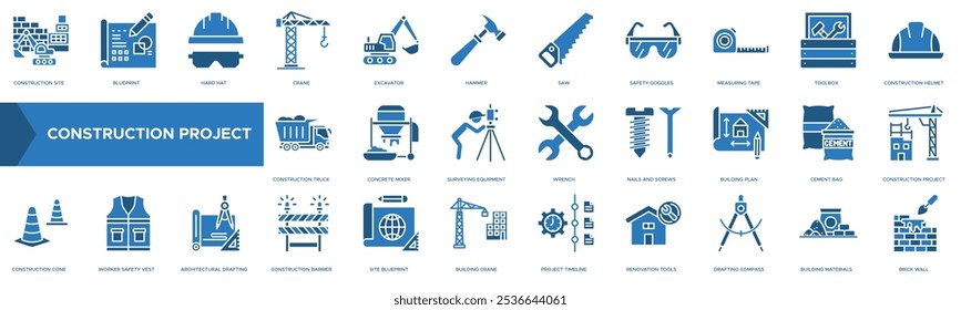construction project icon. Construction Site, Blueprint, Hard Hat, Crane, Excavator