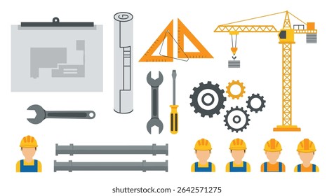 Construction Project Illustration Featuring Blueprint Wrench Crane Gears and Workers in Hard Hats