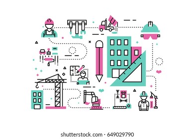 Construction project line icons illustration. Design in modern style with related icons ornament concept for website, app, web banner.