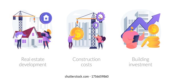 Construction Project Management Abstract Concept Vector Illustration Set. Real Estate Development, Construction Costs, Building Investment, Buy Land, Bank Loan, Financial Plan Abstract Metaphor.