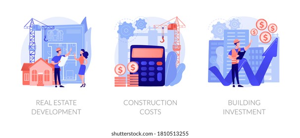 Construction Project Management Abstract Concept Vector Illustration Set. Real Estate Development, Construction Costs, Building Investment, Buy Land, Bank Loan, Financial Plan Abstract Metaphor.