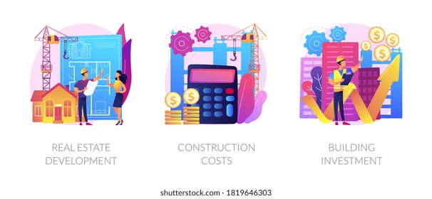 Construction project management abstract concept vector illustration set. Real estate development, construction costs, building investment, buy land, bank loan, financial plan abstract metaphor.