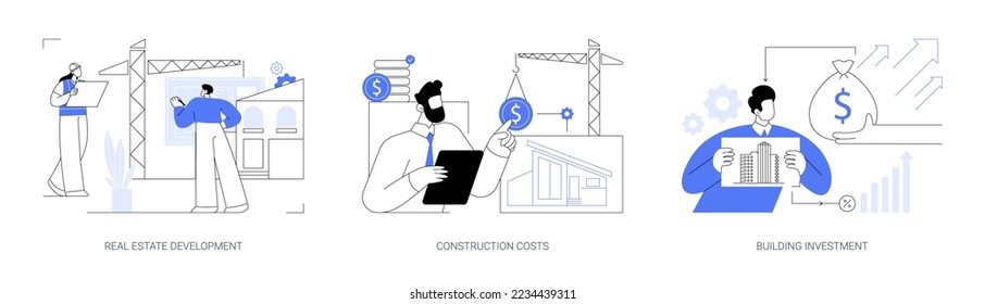 Construction project management abstract concept vector illustration set. Real estate development, construction costs, building investment, buy land, bank loan, financial plan abstract metaphor.