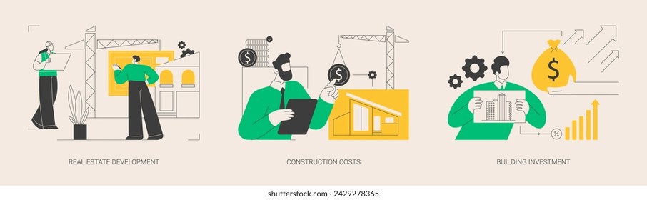 Construction project management abstract concept vector illustration set. Real estate development, construction costs, building investment, buy land, bank loan, financial plan abstract metaphor.