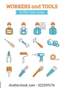 Construction project manager with foreman workers  and tools 16 line icons collection  poster abstract isolated vector illustration