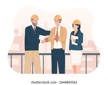 Construction project manager shaking hands after good deal project. Negotiation deal agreement concept