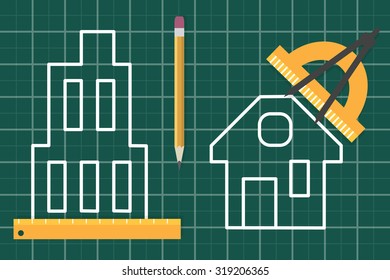 Construction project planning blueprint. Flat vector illustration