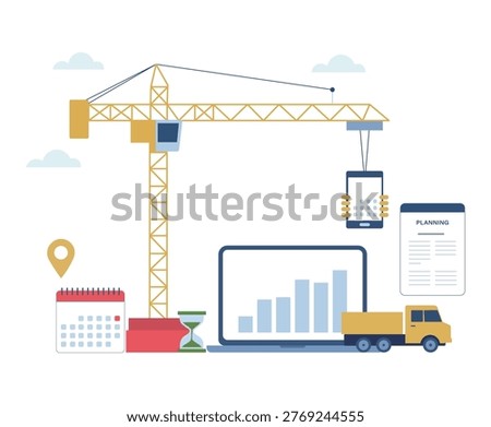 Construction Project Planning Logistics and Data Analytics Concept with Crane and Dashboard Vector