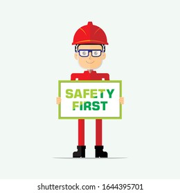 Construction project safety officer cool character with campaign board.