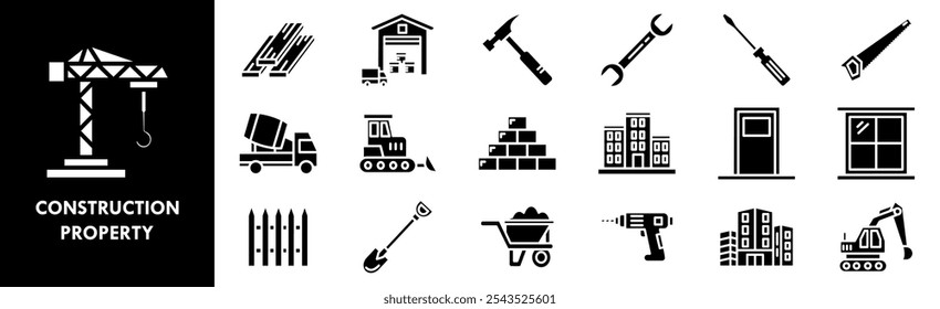 Conjunto de colecciones de iconos de propiedades de construcción. Que contiene diseño, propiedad, desarrollo, construcción, casa, arquitectura
