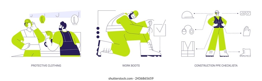 Construction protective equipment abstract concept vector illustration set. Protective clothing, work boots, construction PPE checklist, professional builder personal safety gear abstract metaphor.