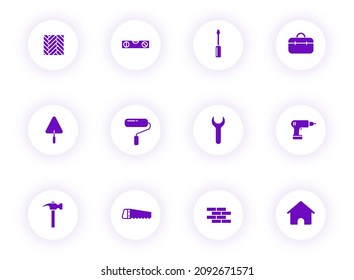 construction purple color vector icons on light round buttons with purple shadow. construction icon set for web, mobile apps, ui design and print