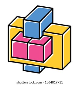 Construction puzzle color icon. Connected pieces. Trial and error, put-together game. Mental exercise. Ingenuity test. Brain teaser. Problem solving. Solution finding. Isolated vector illustration
