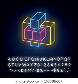 Construction puzzle neon light icon. Connected pieces. Trial and error, put-together game. Mental exercise. Brain teaser. Glowing sign with alphabet, numbers and symbols. Vector isolated illustration
