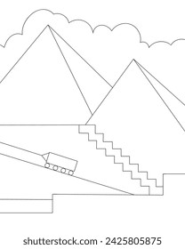 Construction of a pyramid. Egyptian background. Coloring page, icon, black and white vector illustration.