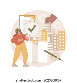 Construction quality control abstract concept vector illustration. Quality management, building progress, project requirements, materials specification, architecture blueprint abstract metaphor.