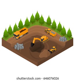 Construction Quarry With Excavators And Equipment Isometric View Engineering Transport Digger Business. Vector Illustration