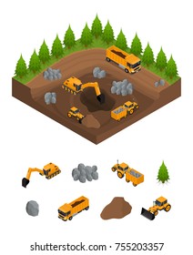 Construction Quarry with Excavators, Equipment and Part Set Isometric View Engineering Transport Digger Business. Vector illustration