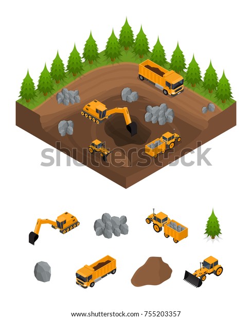 Construction Quarry with Excavators,\
Equipment and Part Set Isometric View Engineering Transport Digger\
Business. Vector\
illustration