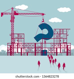 Construction question mark.A group of businessmen walked to the building site.	