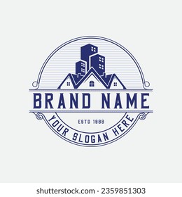 Construction or real estate building badge logo template, retro vintage vector illustration building logo
