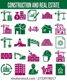 Ícones de construção e imobiliário conjunto com vários símbolos coloridos e sinais de construção
