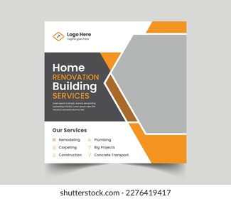 Construction Real Estate Social Media Post, home for sale Social Media Post, home repair Poster Vector Template, house repair worker social media banner design