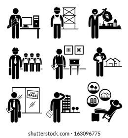 Construction Real Estates Jobs Occupations Careers - Architect, Contractor, Investor, Manager, Interior Designer, Property Valuer, Salesman, Buyer, Investor - Stick Figure Pictogram