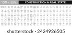 Construction and Real state line icons set. Set of house, moving home, key, insurance, garage, budget, Construction tools, builders and equipment. Builder, crane, engineering, equipment, helmet.