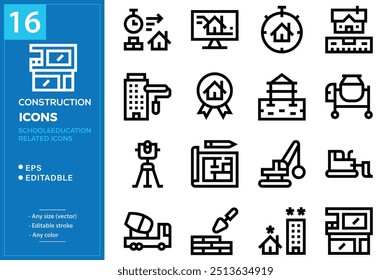 Construction and Real state line icons set. Set of house, moving home, key, insurance, garage, budget, Construction tools, builders and equipment. Builder, crane, engineering, equipment, helmet.