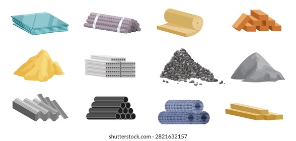 Construction realistic materials set featuring glass sheets, rebar, insulation, bricks, sand, metal profiles, gravel, cement, roofing, pipes, mesh timber isolated on white vector illustration