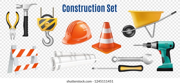 Construction realistic set of handle instrument and devices for safety outdoor work on transparent background isolated vector illustration