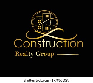 Construction or reality based logo with dummy text on dark background with golden color.