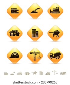 Construction and realty icons on yellow rhombic buttons