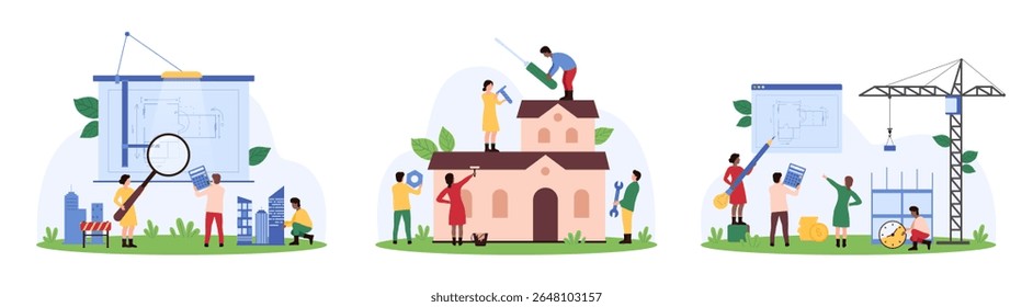 Projeto de construção e reconstrução de conjunto de arquitetos. Pessoas minúsculas estudam a planta do chão com lupa, construindo a casa com guindaste de construção de acordo com desenho desenho do vetor ilustração