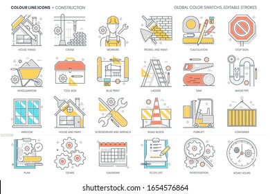 Construction related, color line, vector icon, illustration set. The set is about tool, fixing, plan, tool, building, project, real estate, architecture.